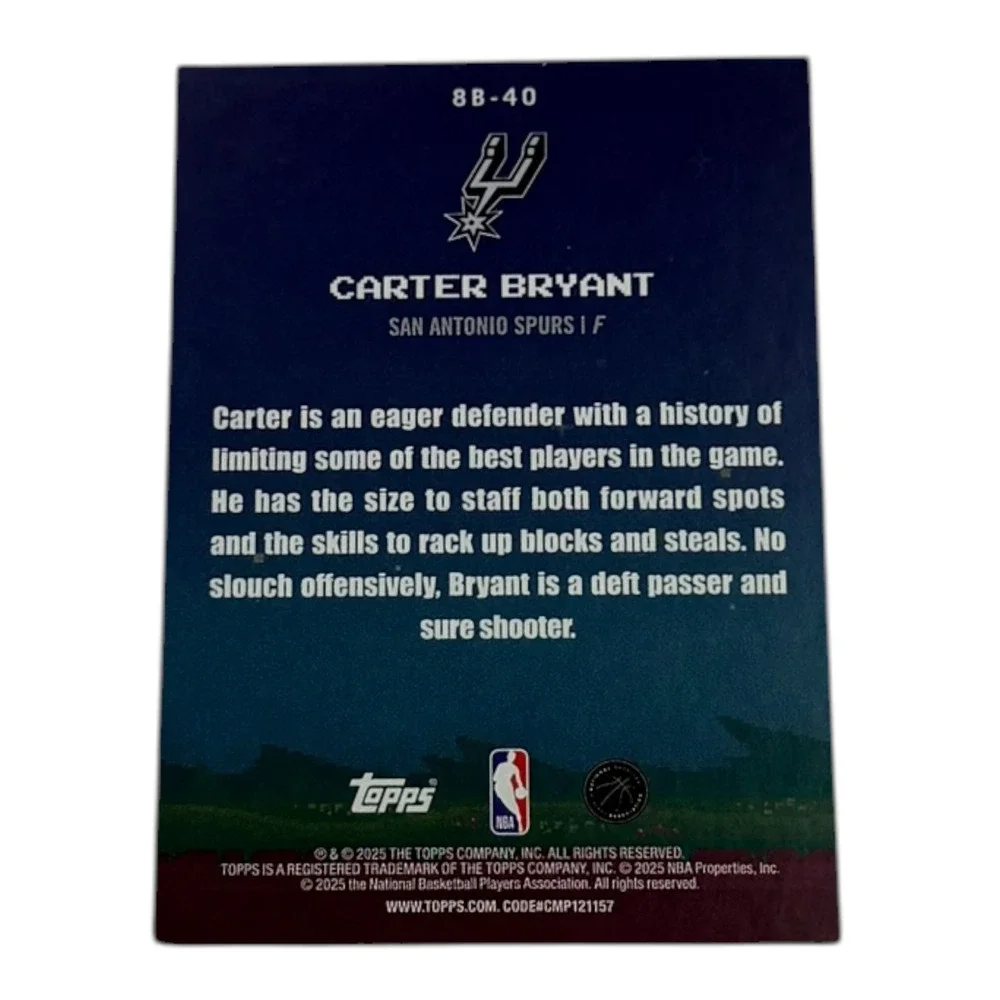 2025 Topps 8-Bit Ballers Carter Bryant‎ RC Rookie San Antonio Spurs 8B-40 NBA - Picture 2 of 2